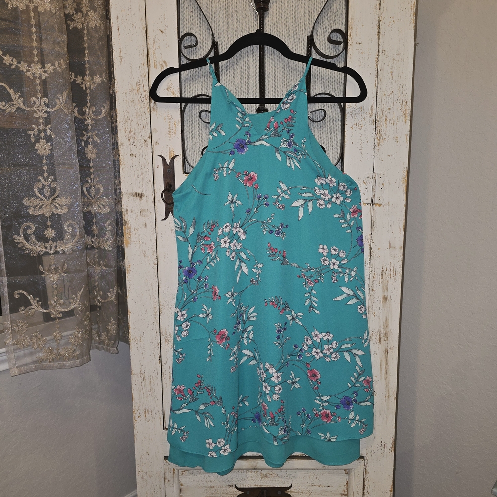 Pink Rose Teal Floral Hi-Neck Dress